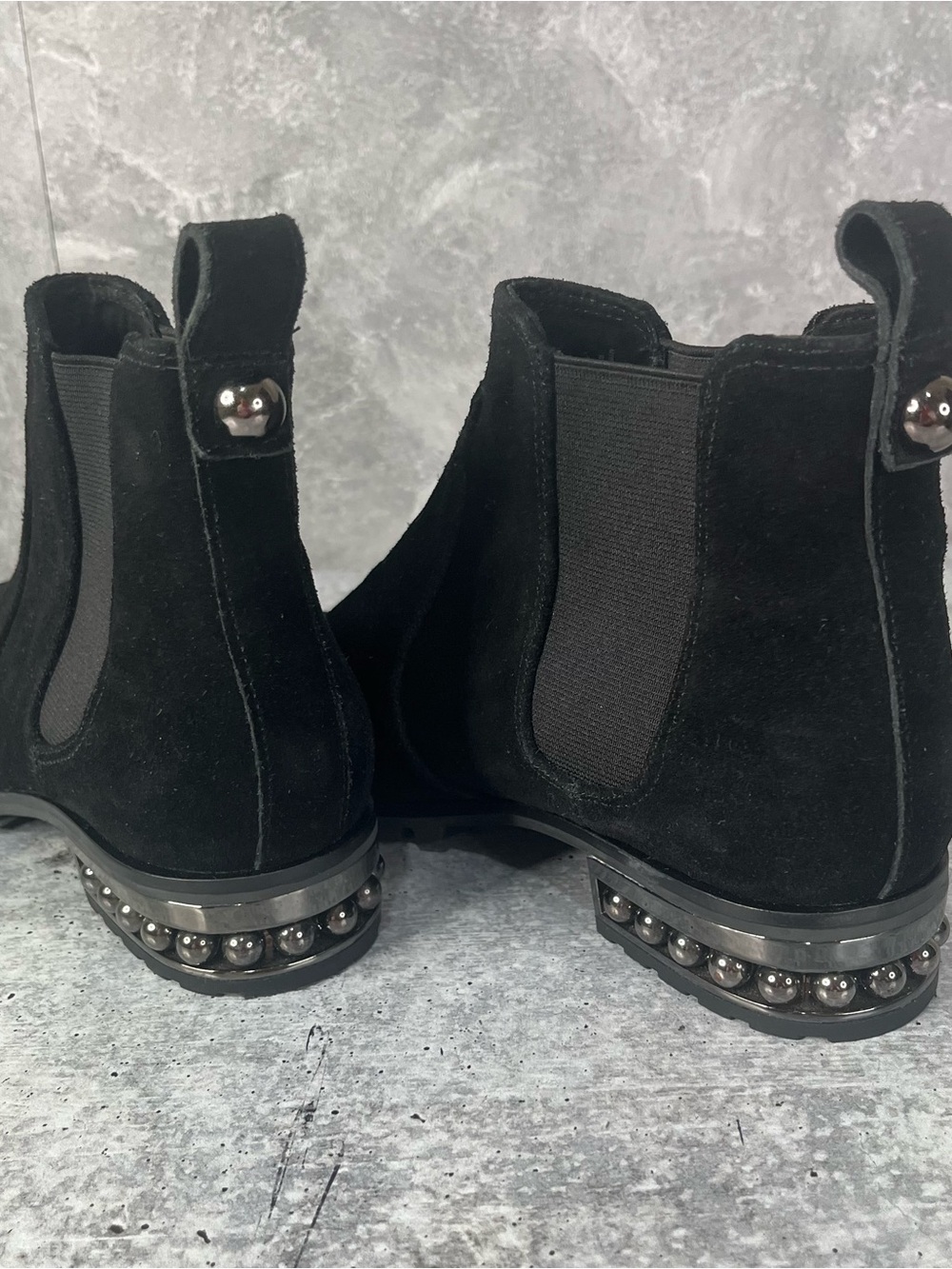 Karl Lagerfeld Black Suede Chelsea Booties with Studded Heel Trim